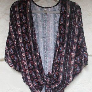 Boho Paisley Tie Front Short Sleeve Overlay Top Size L